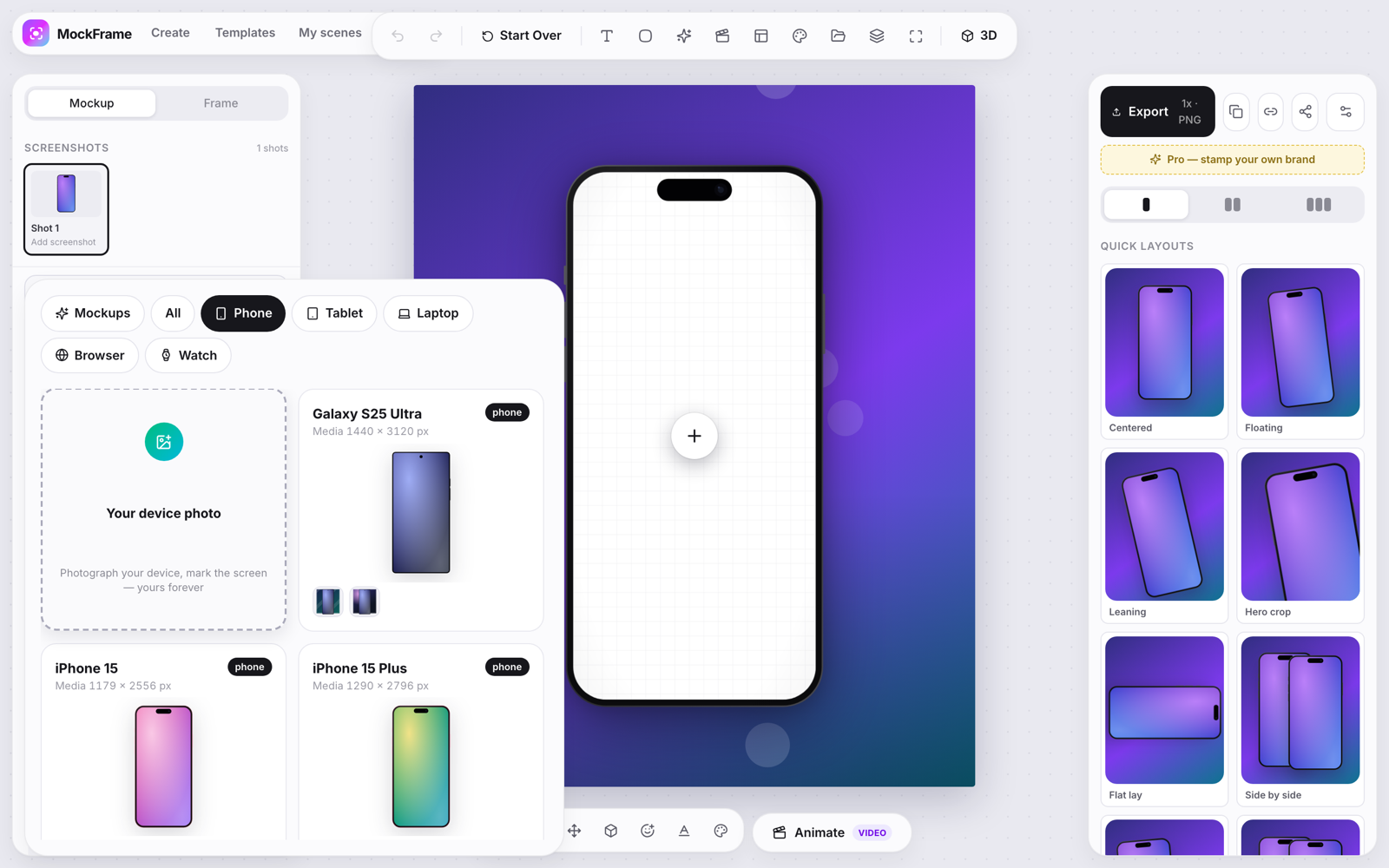 The device picker open in MockFrame showing phones, tablets and laptops