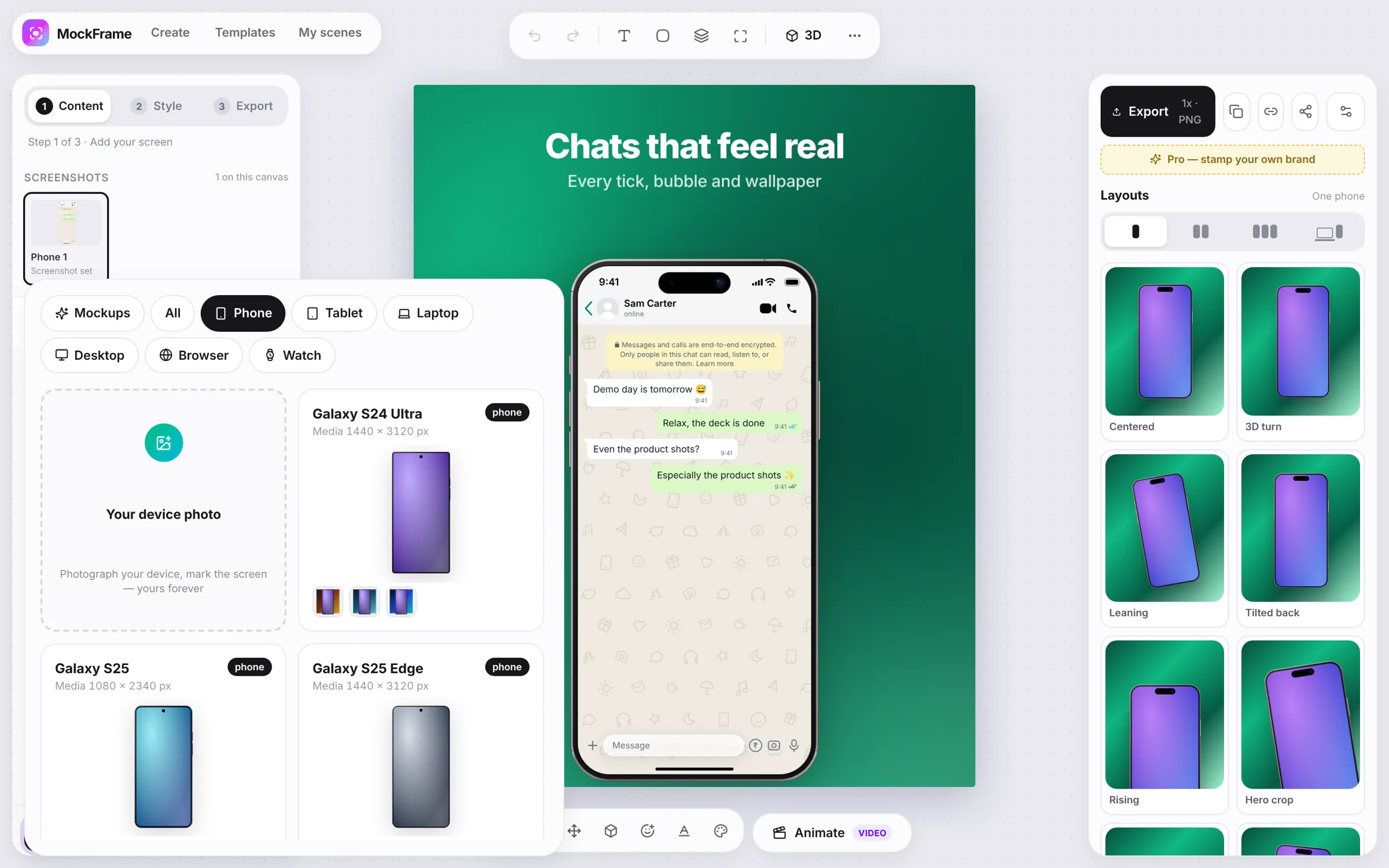 The device picker open over a WhatsApp chat mockup, filtered to phones