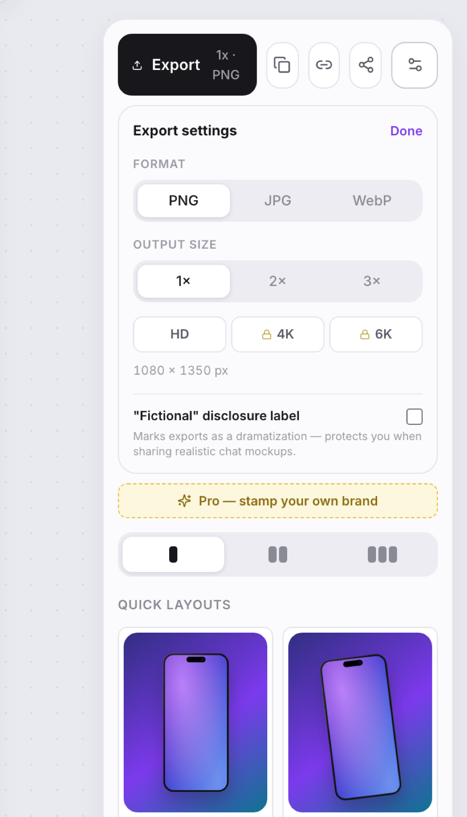 MockFrame export settings with format and scale options