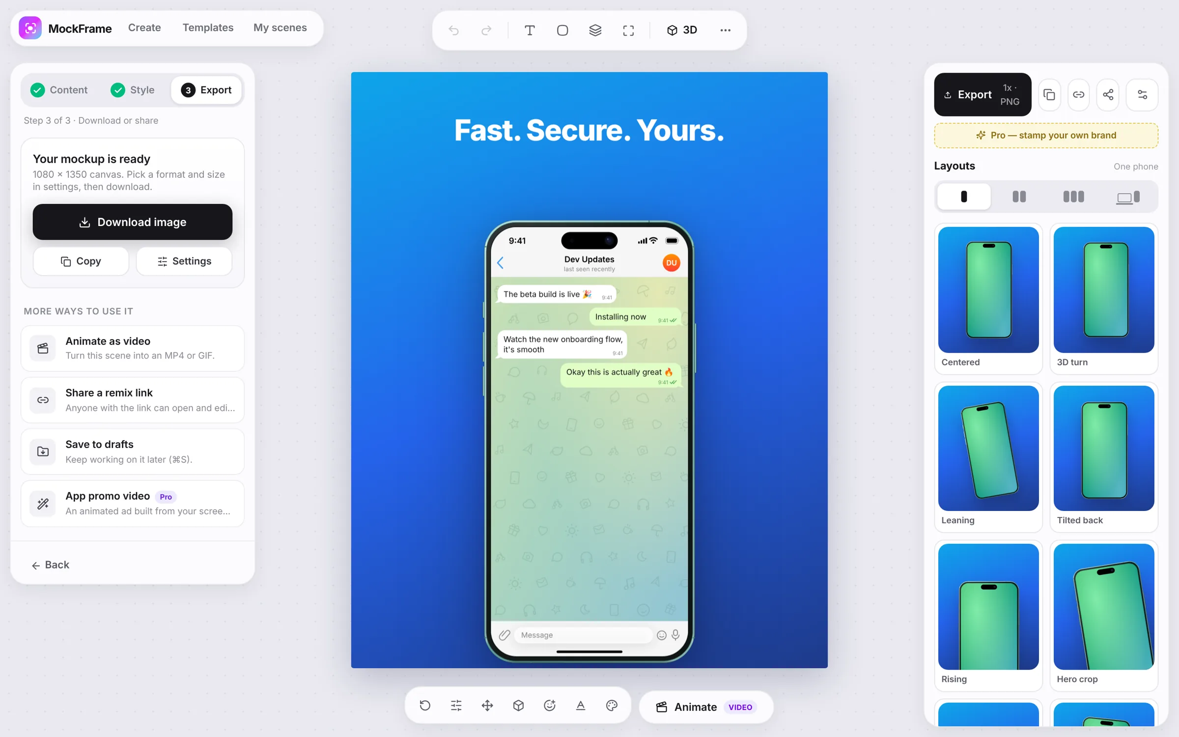 The Export step with Download image, Copy and more ways to use the mockup
