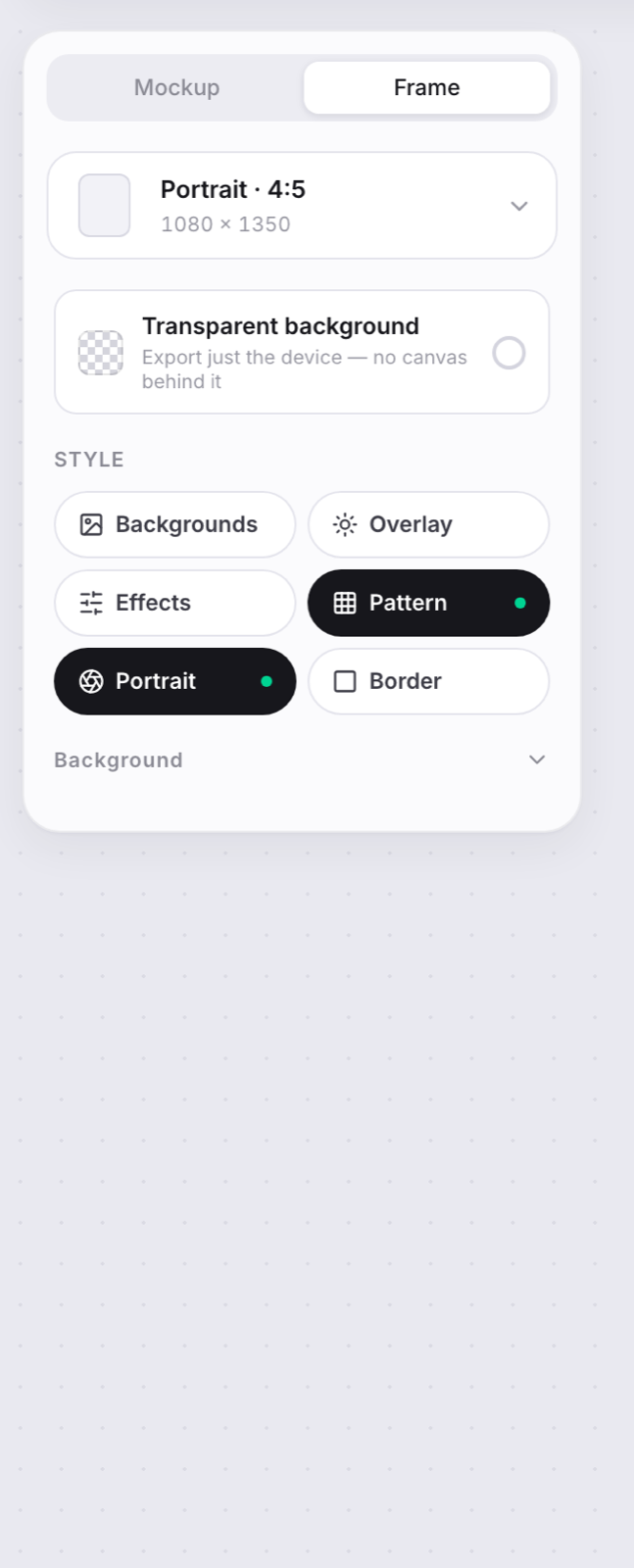 Background and pattern styling options in the Frame panel
