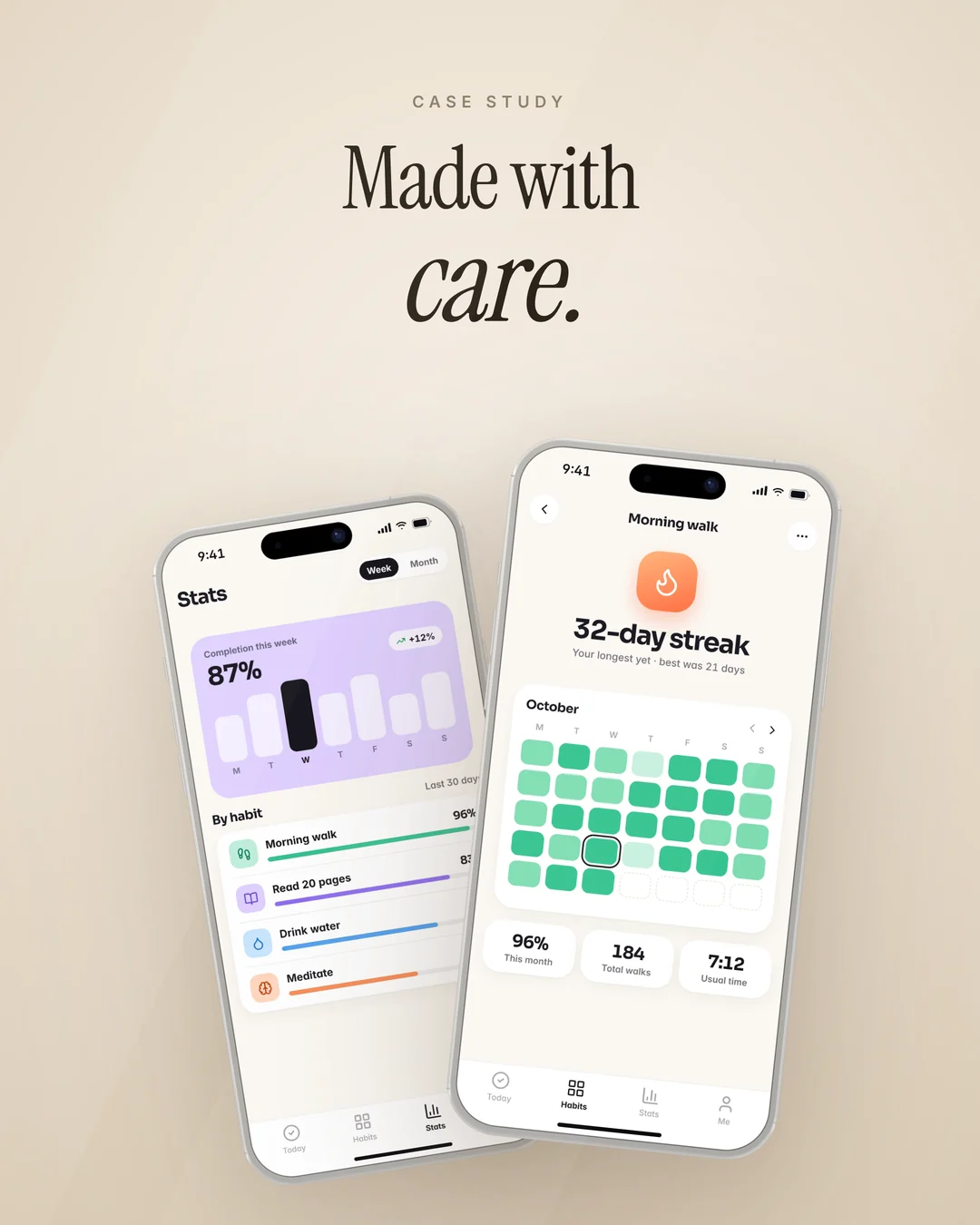 Two matte porcelain clay phones showing a habit tracker under the serif headline Made with care