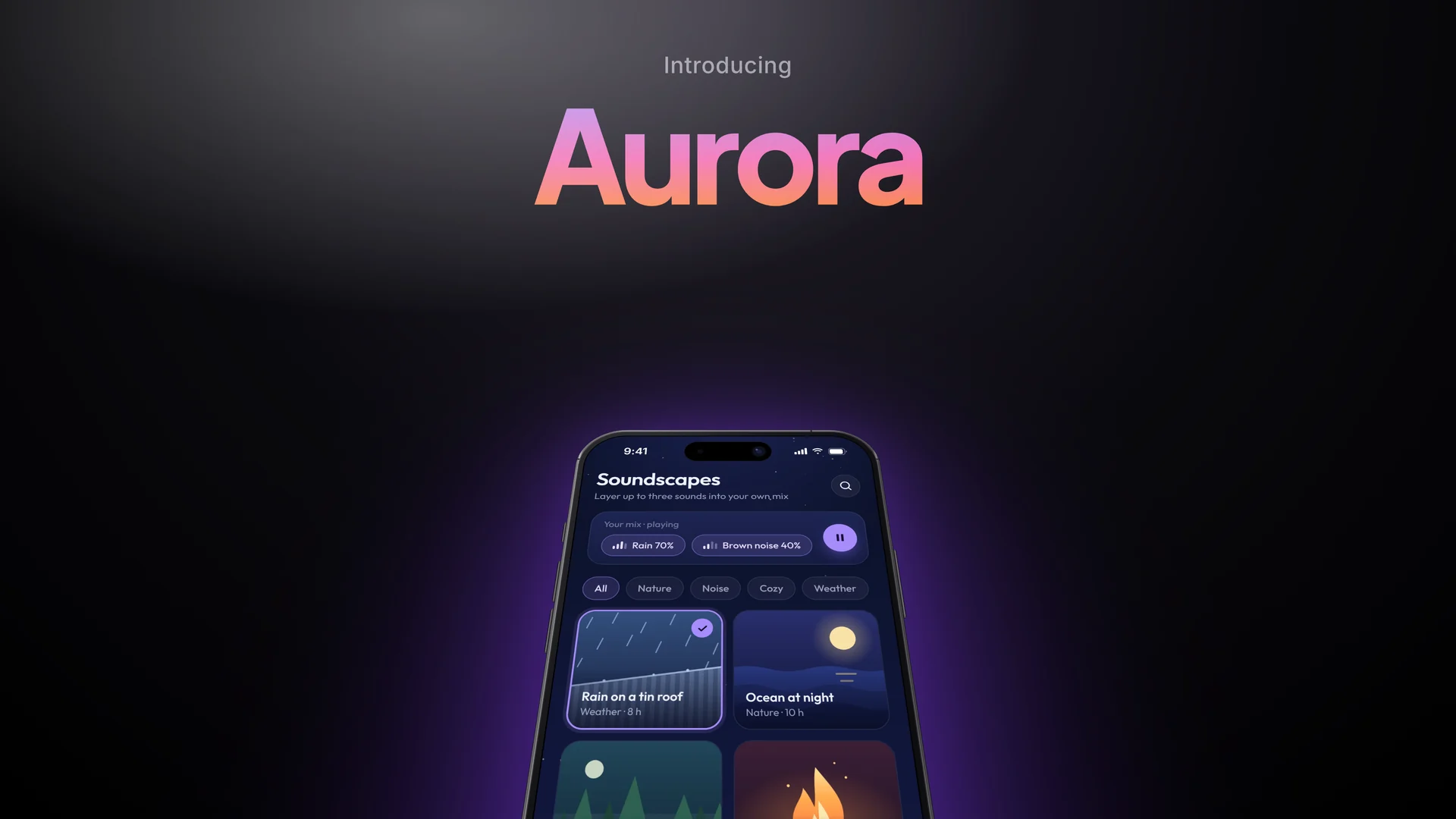 A spotlit black stage with the word Aurora in a violet to orange gradient above a tilted iPhone showing a soundscapes app