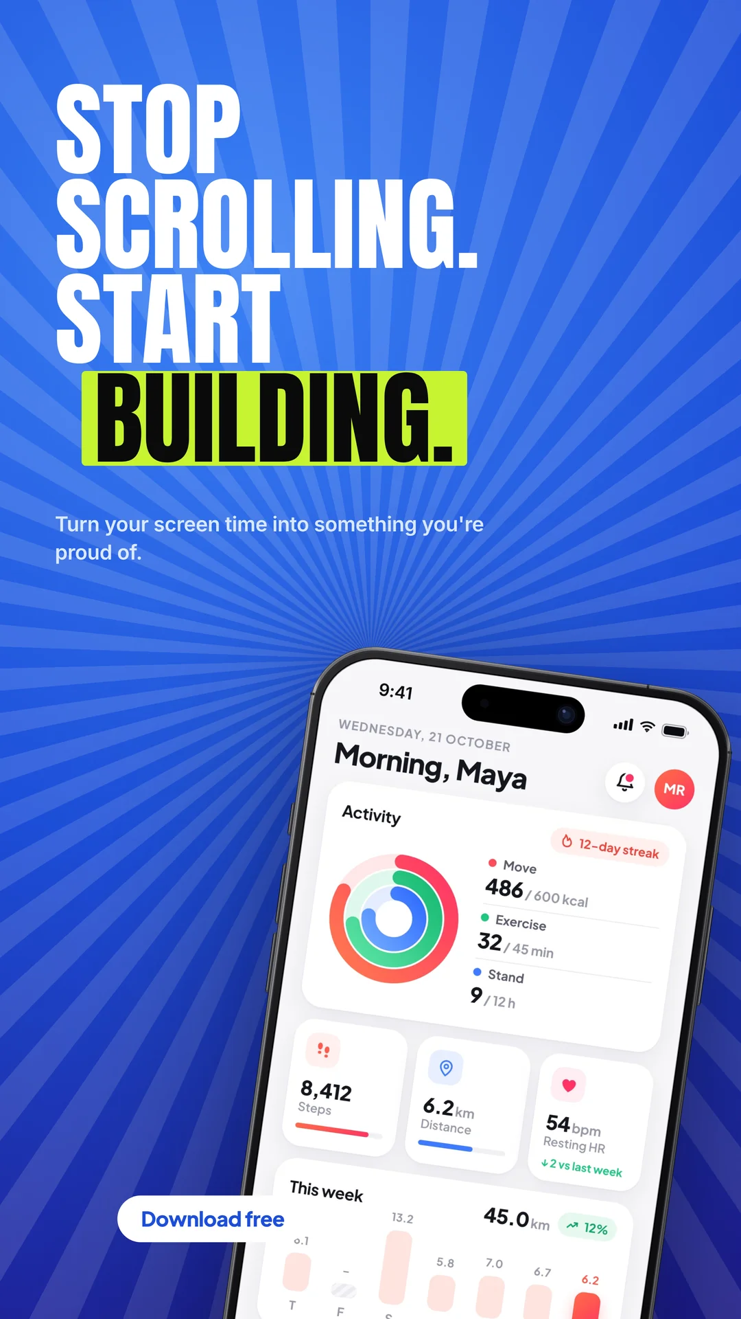 Loud stacked type reading Stop scrolling. Start building. over a blue sunburst, with an oversized iPhone showing a running app