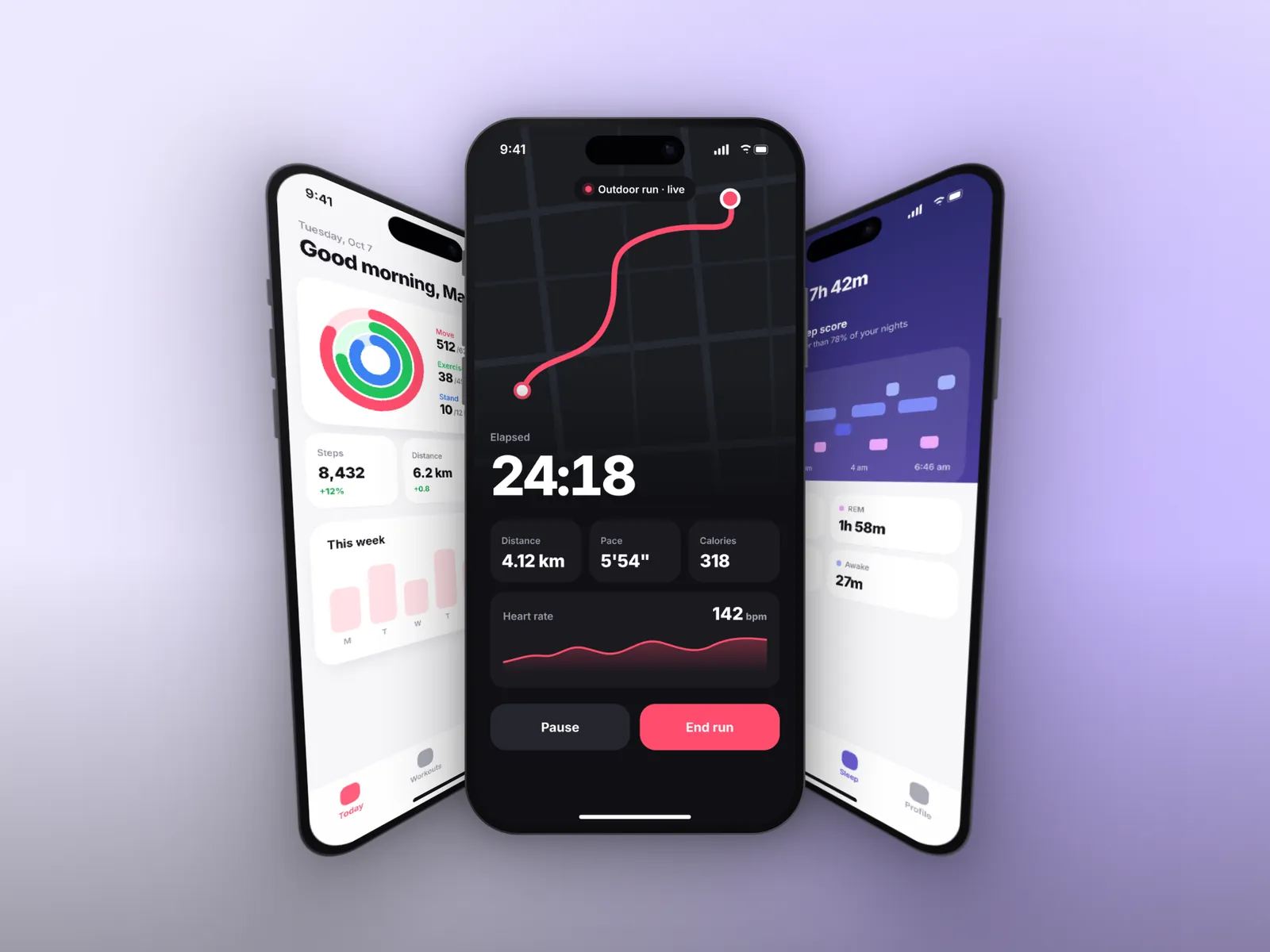Three iPhones with a fitness app in the Showcase layout, on a Mystic background
