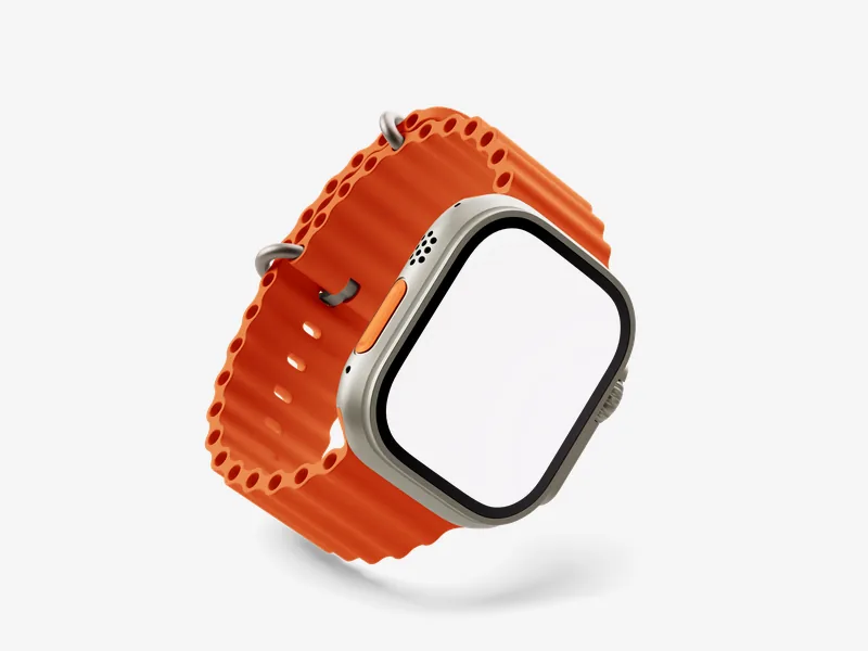 Apple Watch Ultra — Orange band, turned mockup scene